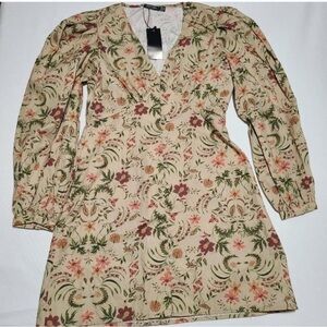 Nasty Gal V-Neck Floral Fitted Dress Tan Puff Sleeves Womens 6